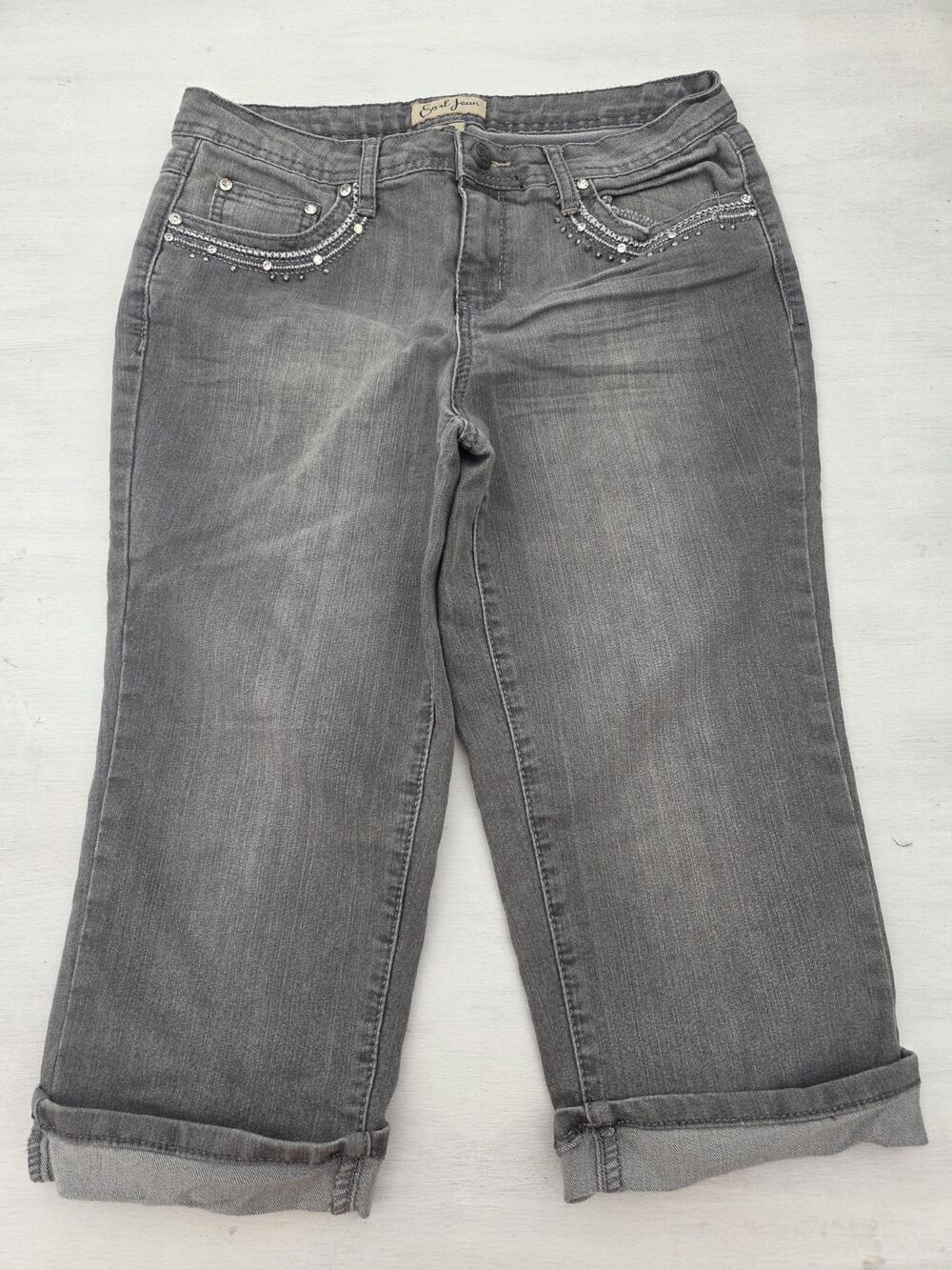 Earl Mid Rise Women's Sz 10 Capris Jeans Cuffed Rhinestones Gray Distressed